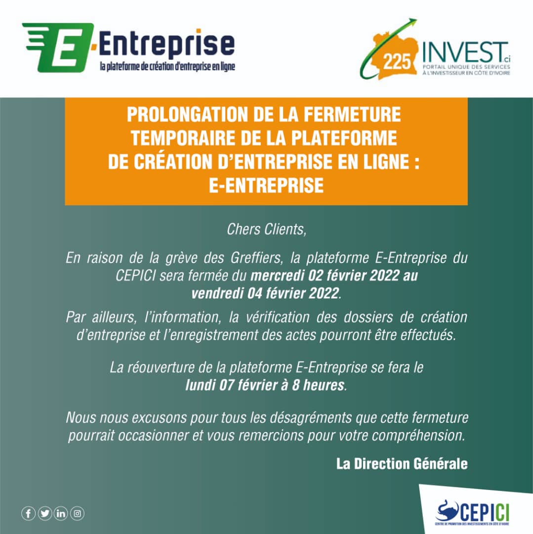 Prolongation de la fermeture temporaire de la plateforme de création d’entreprise en ligne, E-Entreprise 